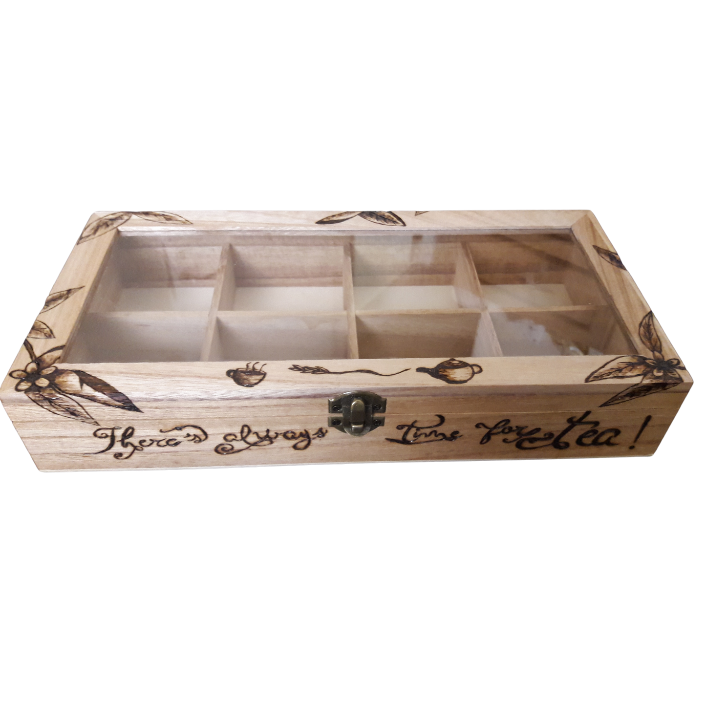 Handcrafted Wooden Tea Box – 18x30 CM (Burnt Wood Design with Tea Quote)