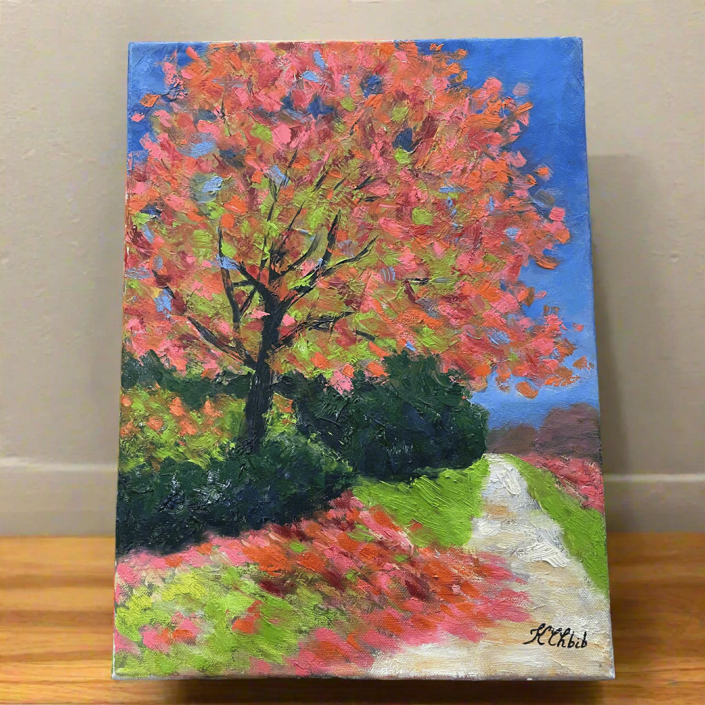 Hand-painted Fall Tree Landscape – Original Acrylic Painting on Canvas (30x40 cm)