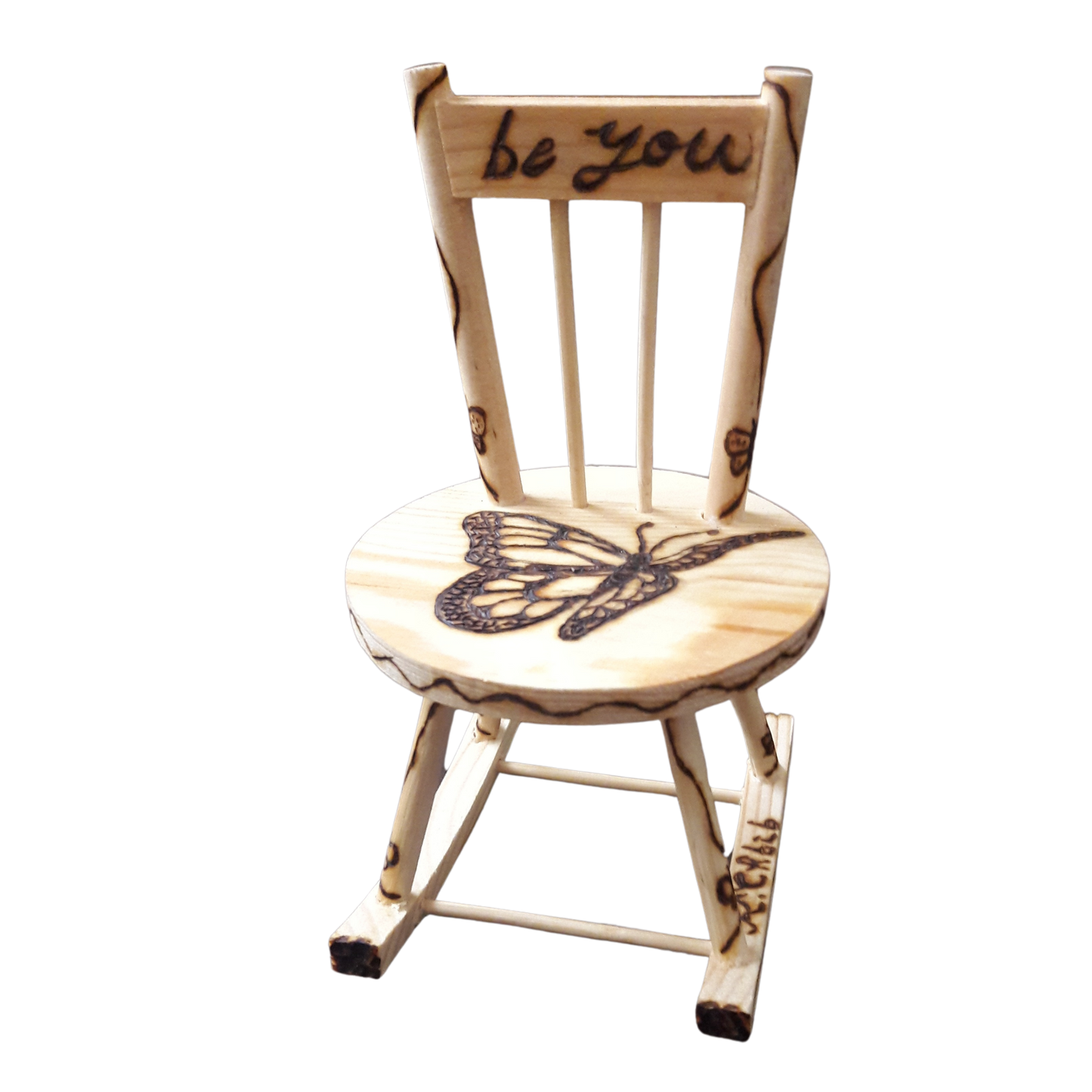 Handcrafted Wooden Miniature Chair – 10x15 CM (Burnt Wood Design with Butterfly and Quote)