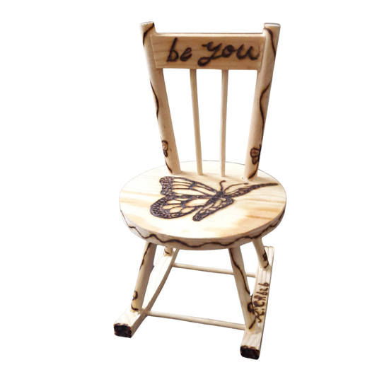 Handcrafted Wooden Miniature Chair – 10x15 CM (Burnt Wood Design with Butterfly and Quote)