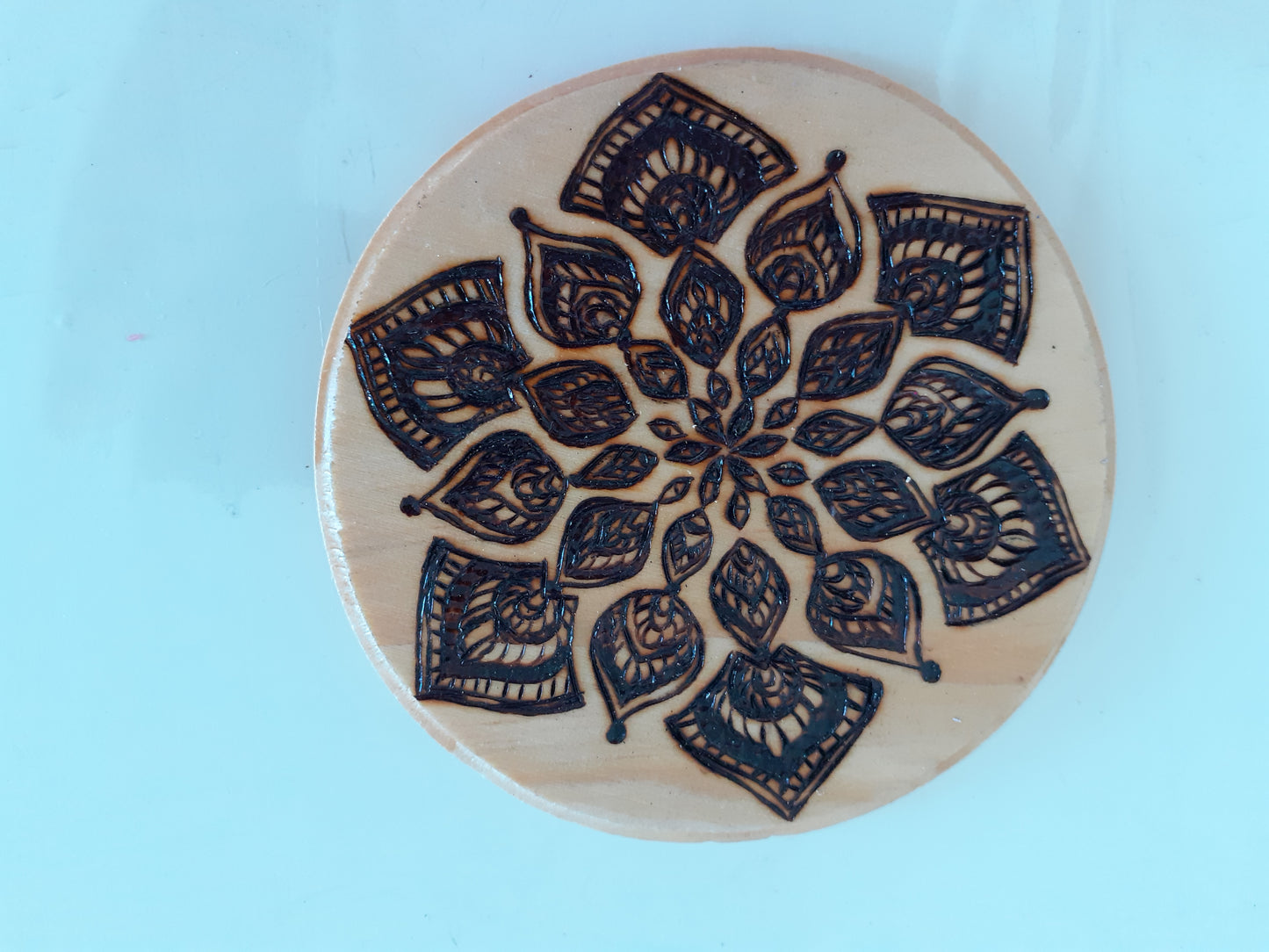 Handcrafted Mandala-Inspired Wooden Coaster – 15 CM Diameter