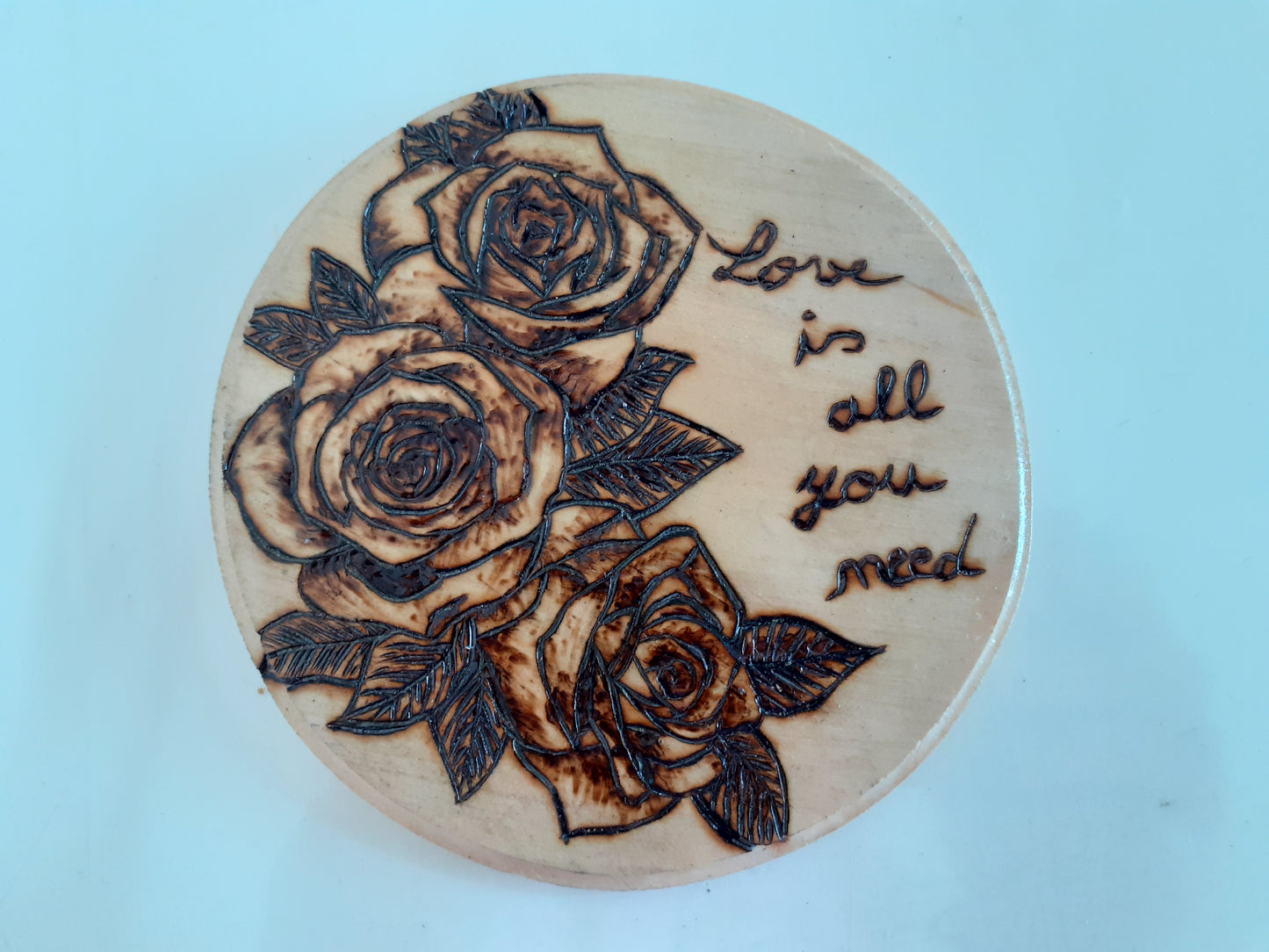 Handcrafted Rose Wooden Coaster – 15 CM Diameter with Quote