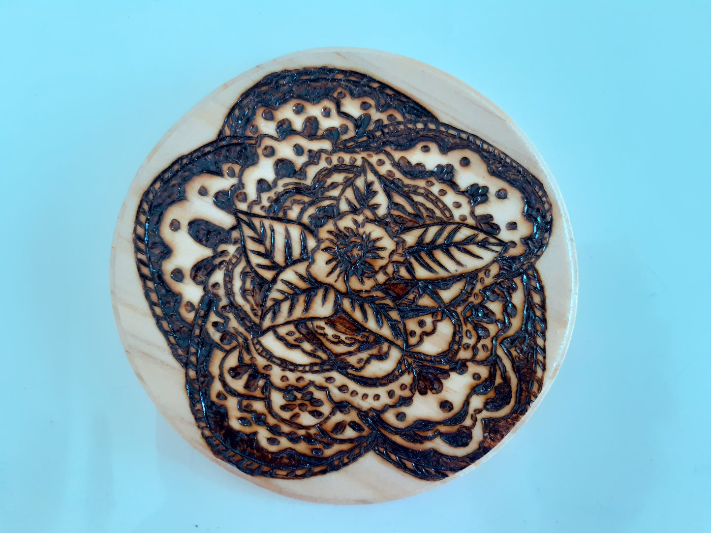 Handcrafted Floral Wooden Coaster – 15 CM Diameter with Mandala-inspired Design