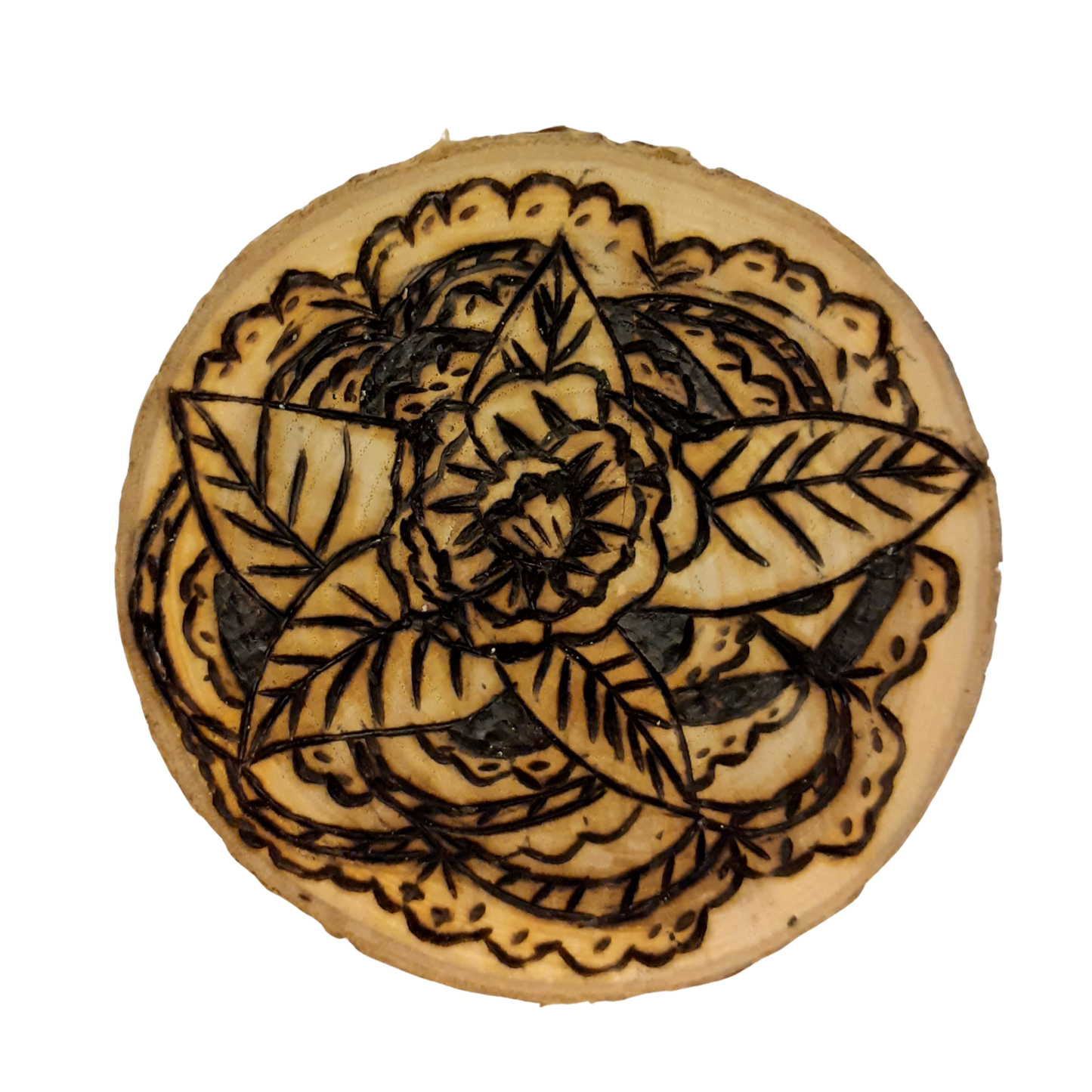 Handcrafted Wooden Floral Plate – 16 CM Diameter x 6 CM Thickness (Pyrography Design)