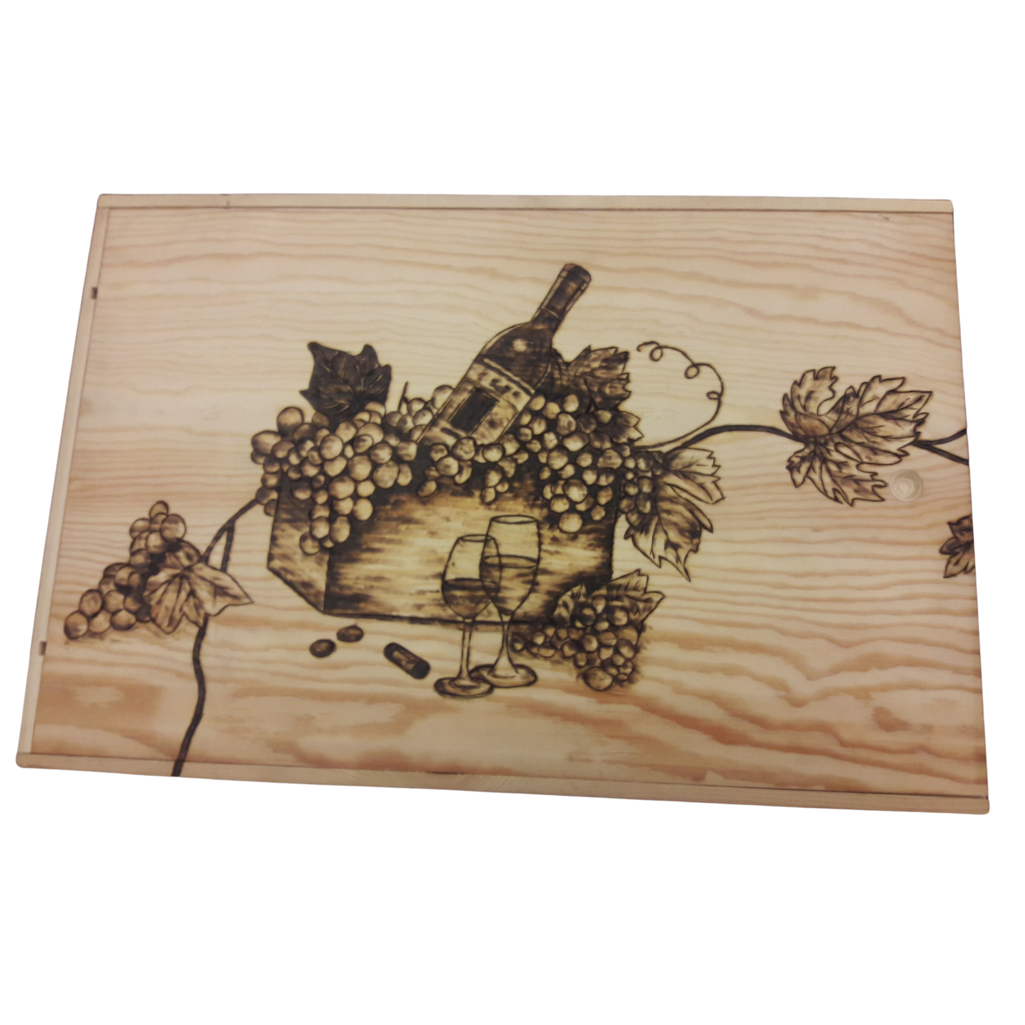 Handcrafted Wooden Wine Design Box – 30 CM x 40 CM (Pyrography Wine Bottle & Grapes Design)