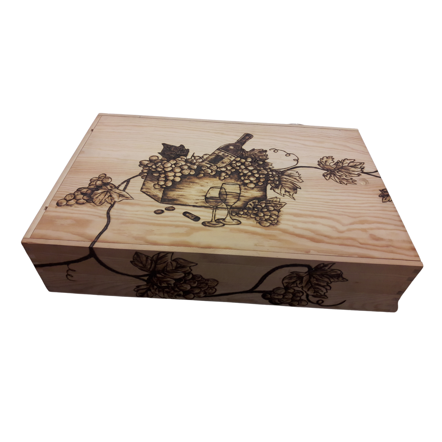 Handcrafted Wooden Wine Design Box – 30 CM x 40 CM (Pyrography Wine Bottle & Grapes Design)