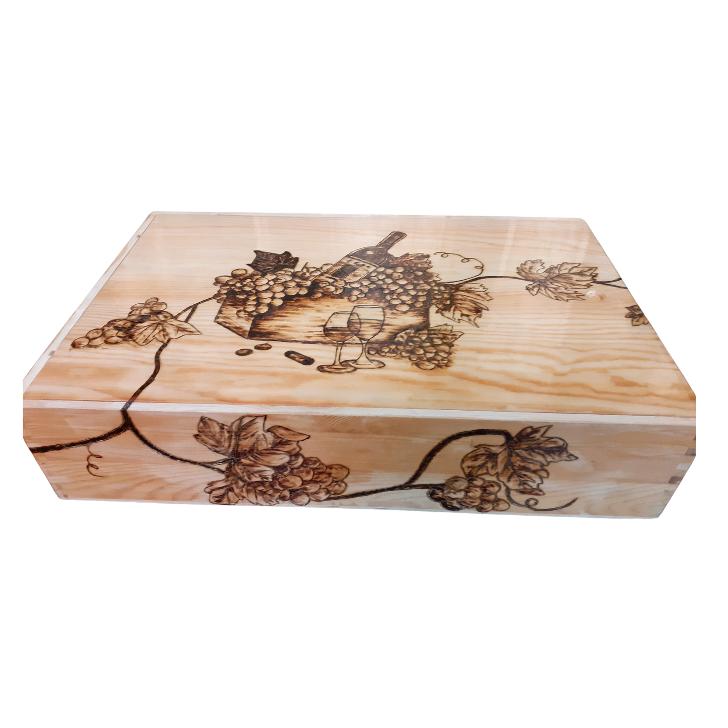 Handcrafted Wooden Wine Design Box – 30 CM x 40 CM (Pyrography Wine Bottle & Grapes Design)