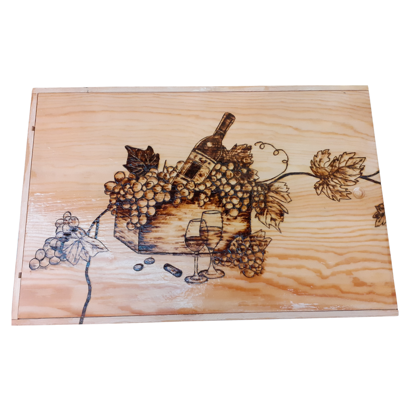 Handcrafted Wooden Wine Design Box – 30 CM x 40 CM (Pyrography Wine Bottle & Grapes Design)