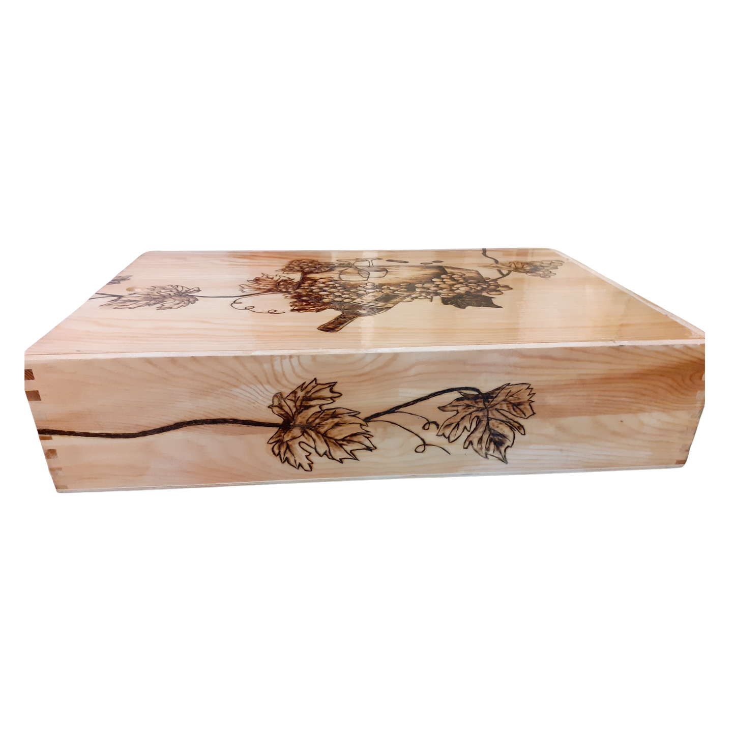 Handcrafted Wooden Wine Design Box – 30 CM x 40 CM (Pyrography Wine Bottle & Grapes Design)