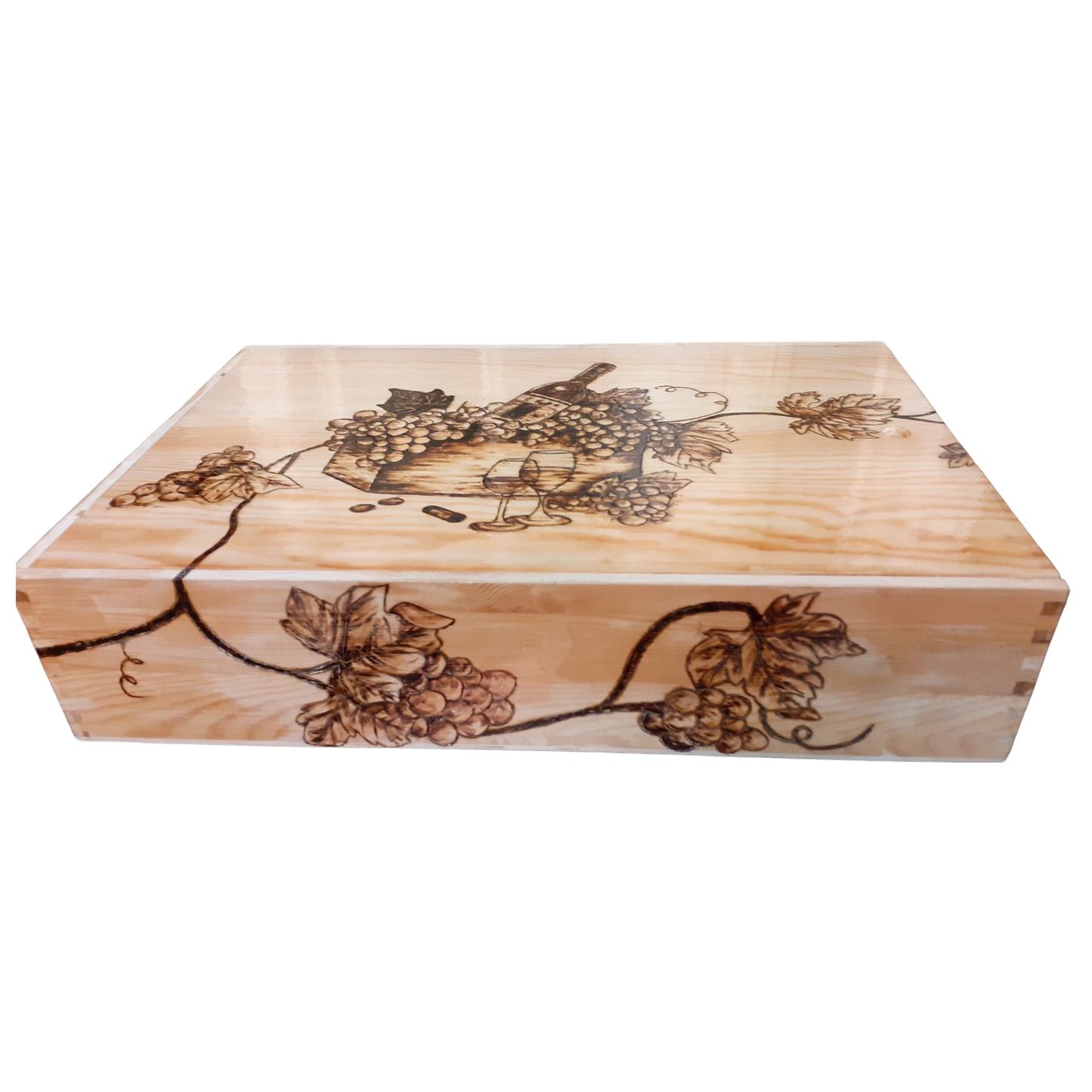 Handcrafted Wooden Wine Design Box – 30 CM x 40 CM (Pyrography Wine Bottle & Grapes Design)