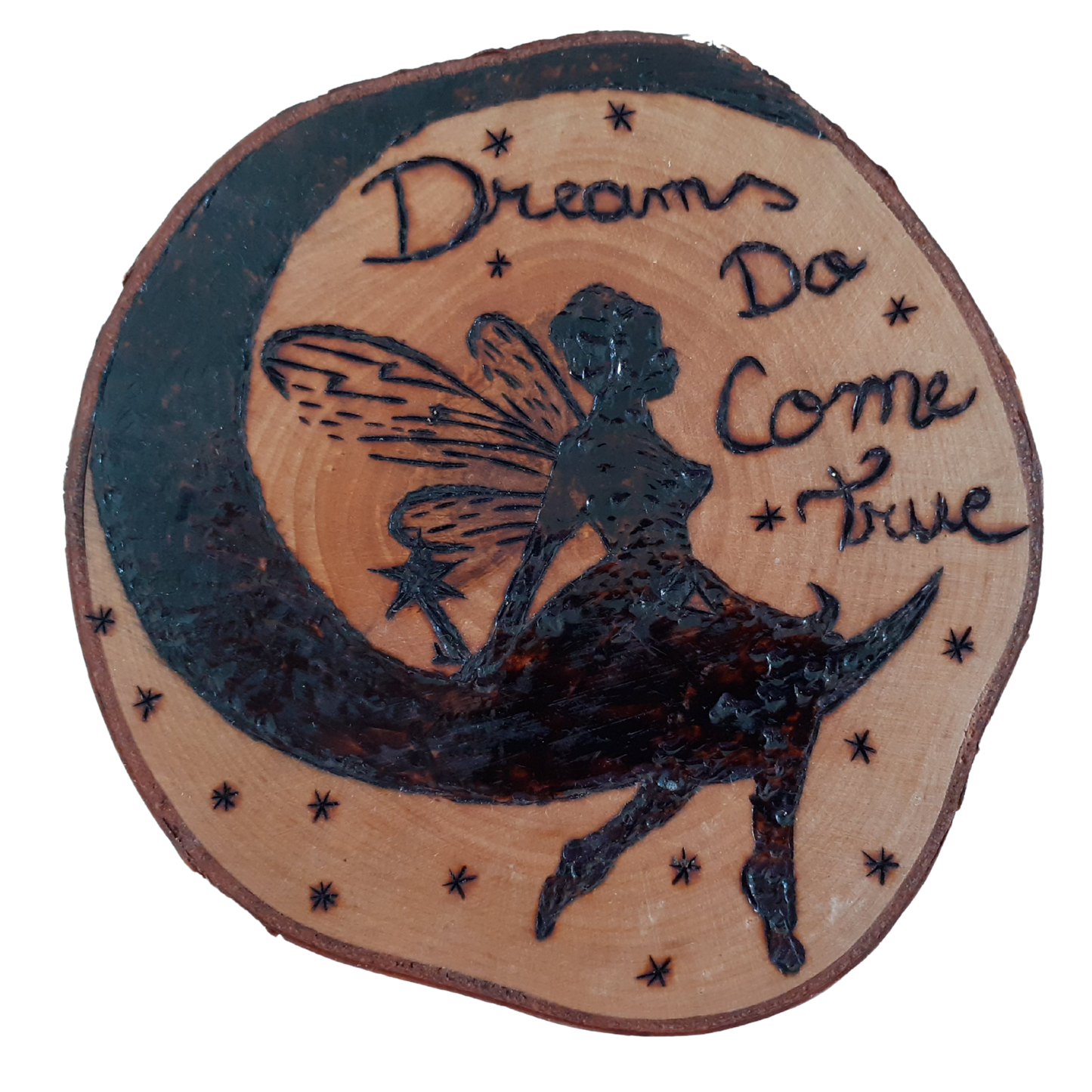 Handcrafted Wooden Miniature Plate – 13x5 CM (Burnt Wood Design with Fairy and Inspirational Quote)