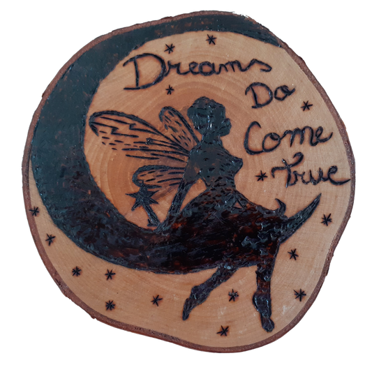 Handcrafted Wooden Miniature Plate – 13x5 CM (Burnt Wood Design with Fairy and Inspirational Quote)