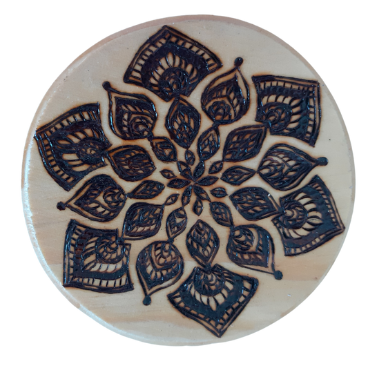 Handcrafted Mandala-Inspired Wooden Coaster – 15 CM Diameter