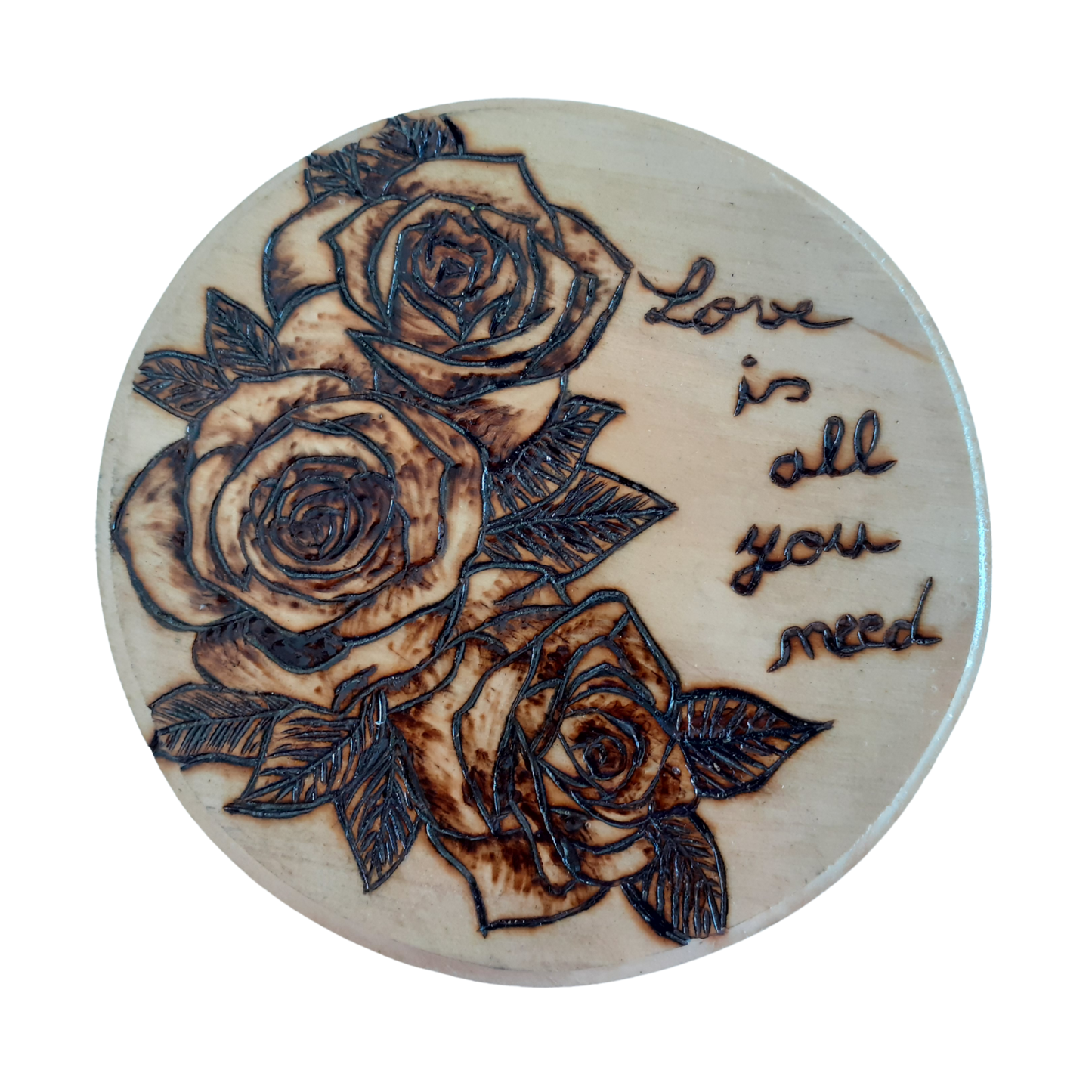 Handcrafted Rose Wooden Coaster – 15 CM Diameter with Quote