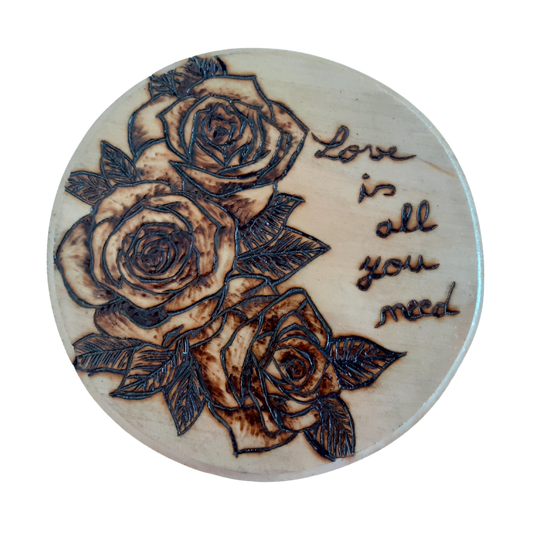 Handcrafted Rose Wooden Coaster – 15 CM Diameter with Quote