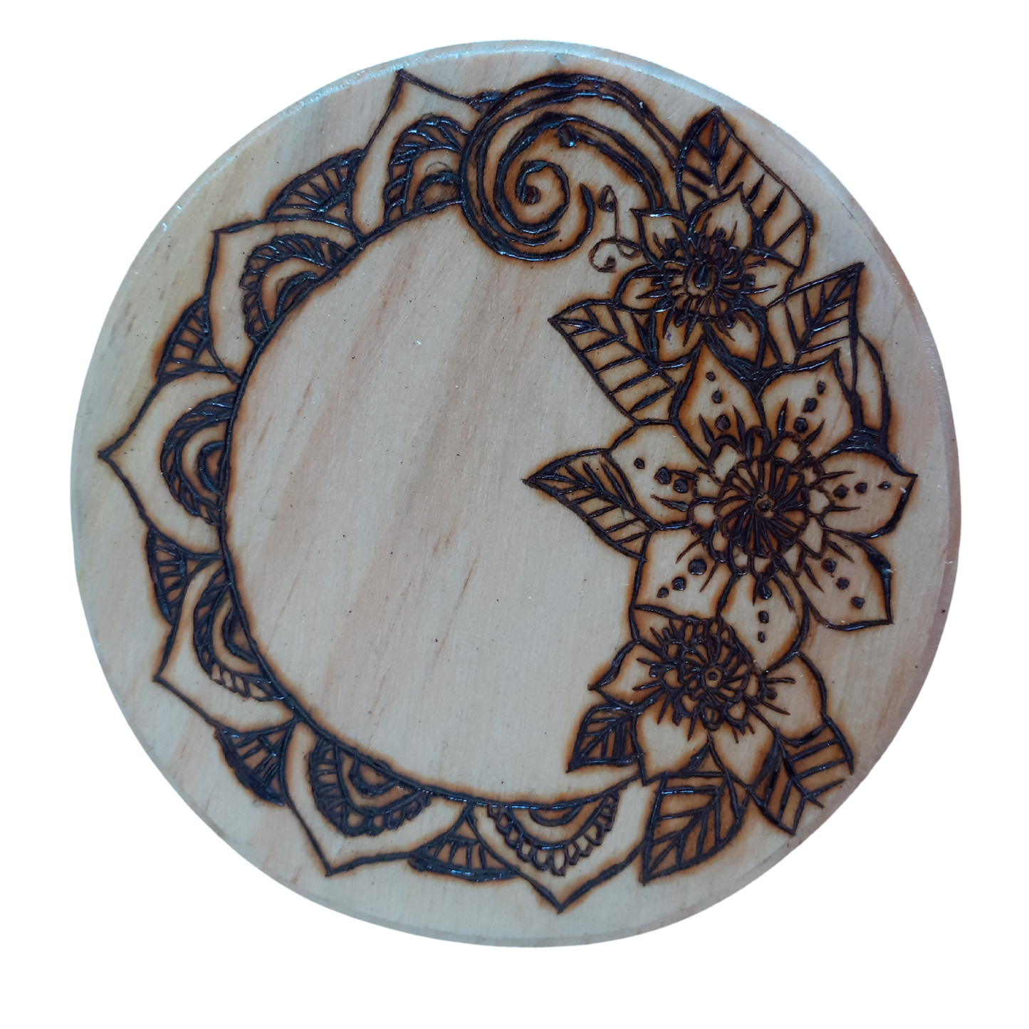 Handcrafted Floral Wooden Coaster – 15 CM Diameter with Decorative Mandala Design