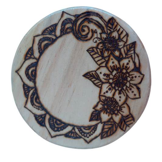 Handcrafted Floral Wooden Coaster – 15 CM Diameter with Decorative Mandala Design