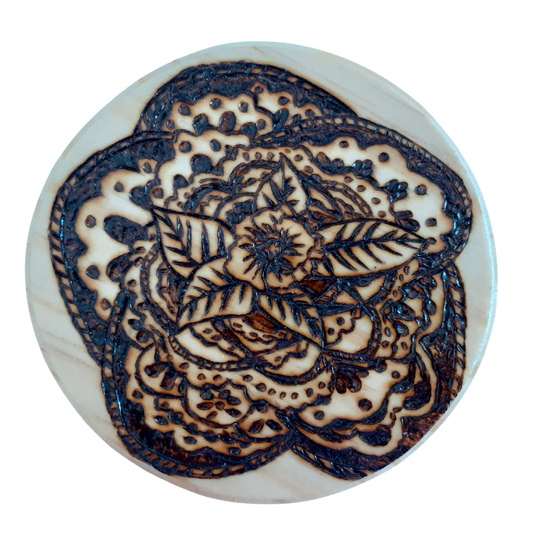 Handcrafted Floral Wooden Coaster – 15 CM Diameter with Mandala-inspired Design