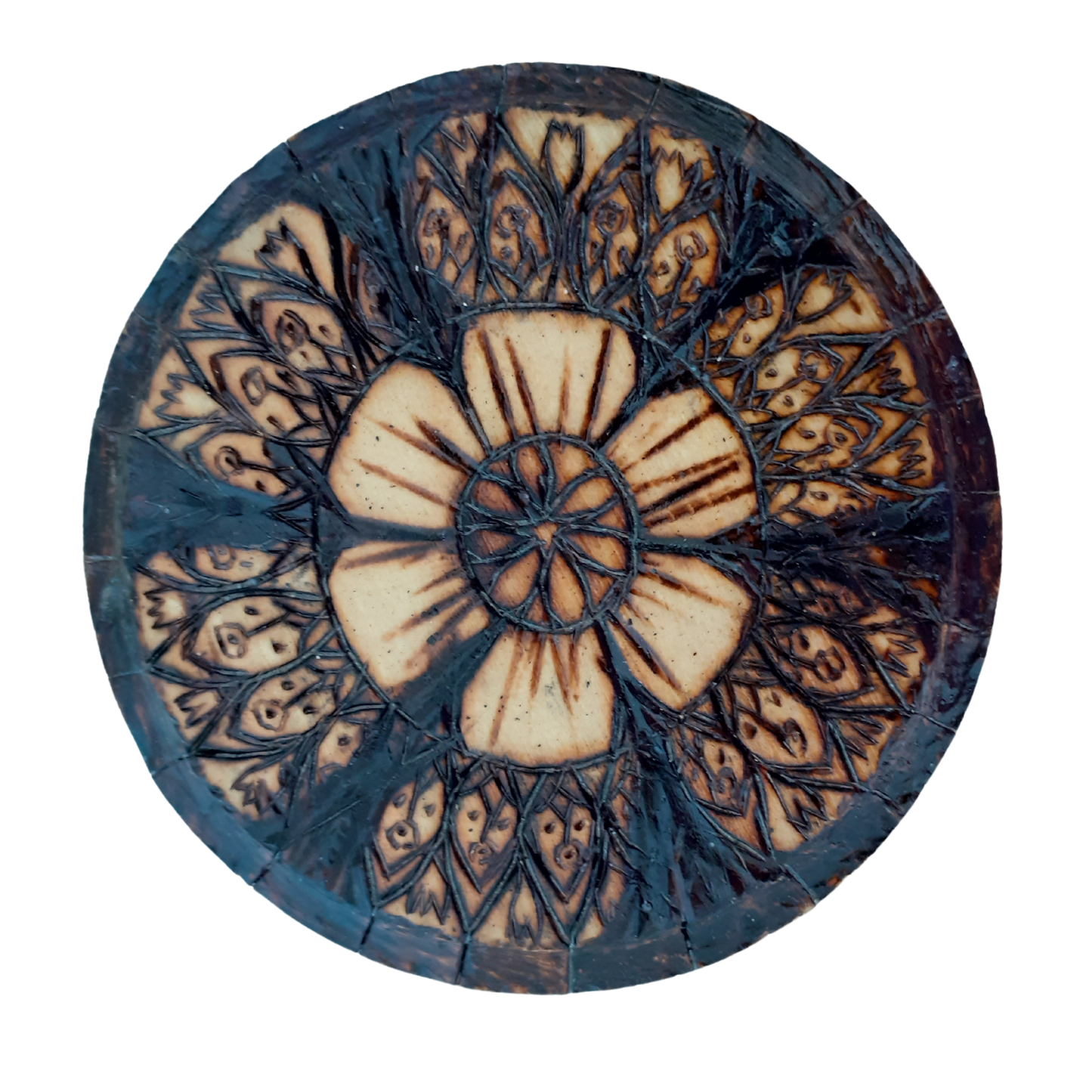 Handcrafted Wooden Coaster – Intricate Floral Mandala Design, 15 CM Diameter