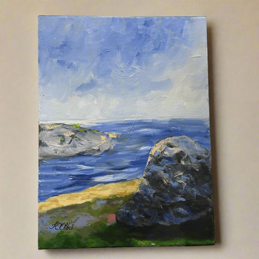 Hand-painted Seaside View with Rocks – Original Acrylic Painting on Canvas (30x40 cm)