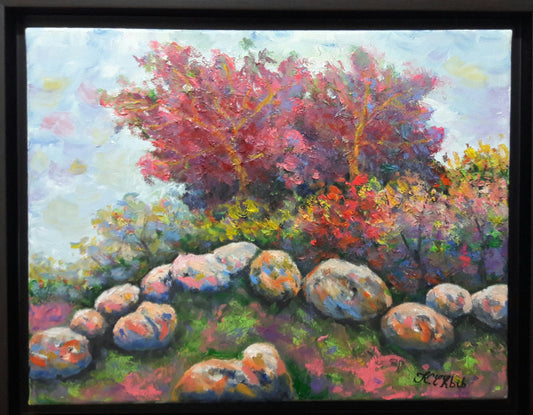 Hand-Painted Oil Landscape Art – 50x40 CM on Canvas (Autumn Rocks)