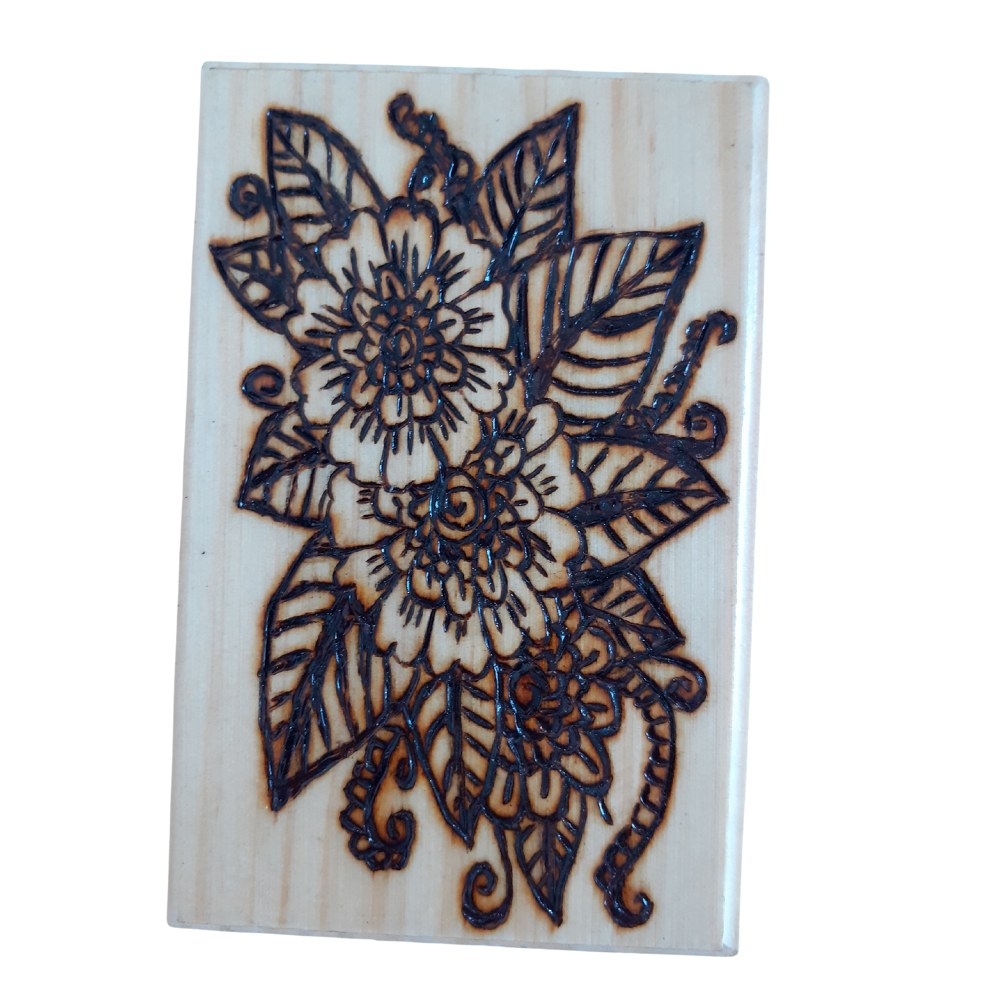 Handcrafted Wooden Floral Pyrography Art – Intricate Floral Design, 12x8 CM