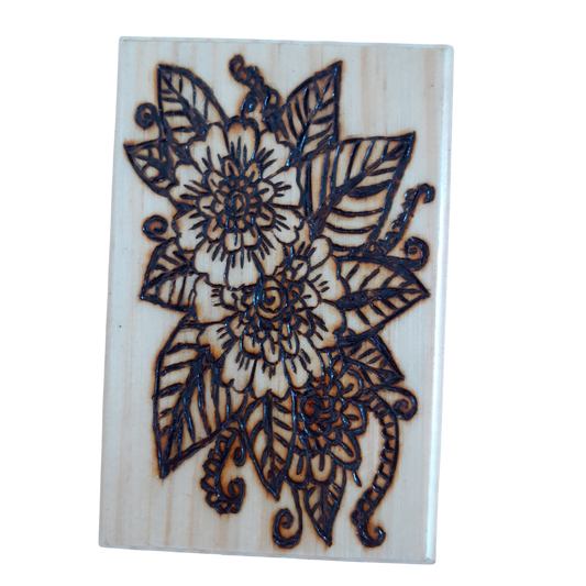 Handcrafted Wooden Floral Pyrography Art – Intricate Floral Design, 12x8 CM