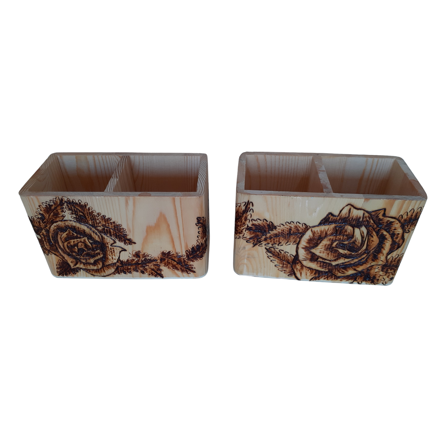 Set of Two Handcrafted Wooden Storage Boxes with Rose Pyrography – 10x6 CM Each