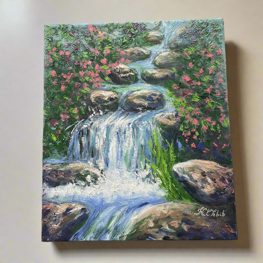 Hand-painted Waterfall with Flowing Stream – Original Acrylic Painting on Canvas (30x35 cm)