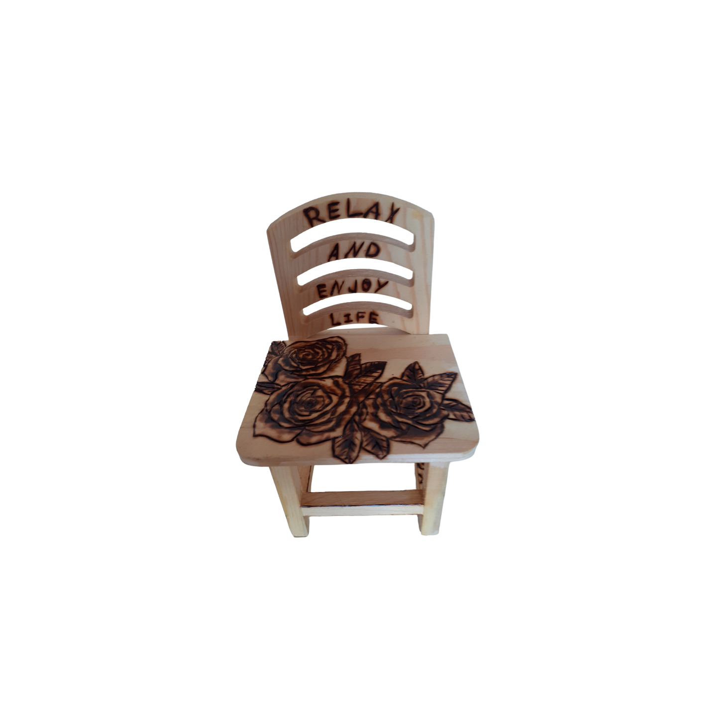 Miniature Wooden Chair with Pyrography Design – Relax and Enjoy Life – 10x6 CM