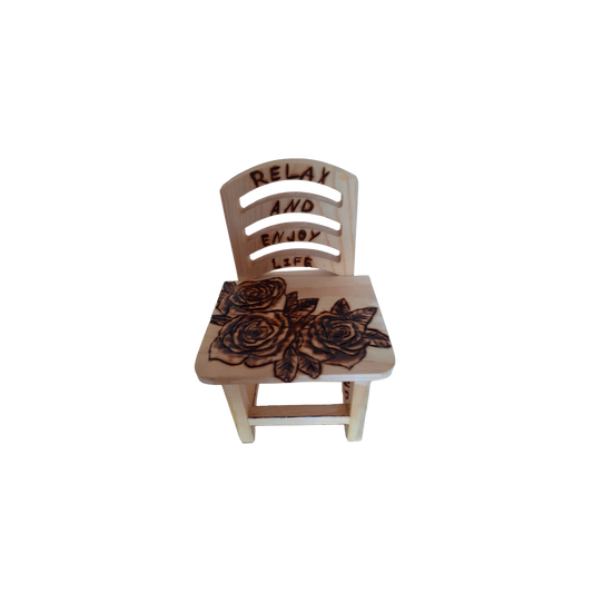 Miniature Wooden Chair with Pyrography Design – Relax and Enjoy Life – 10x6 CM