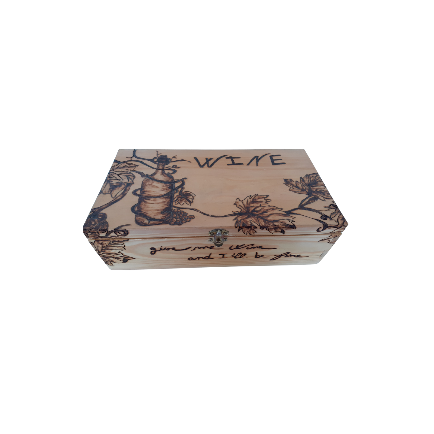 Wooden Wine Box with Pyrography – "Wine" & "Give Me Wine and I’ll Be Fine" – 40x30 CM