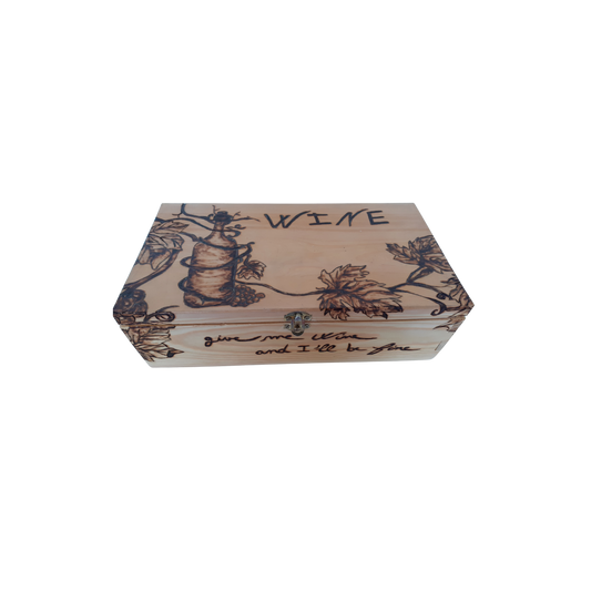 Wooden Wine Box with Pyrography – "Wine" & "Give Me Wine and I’ll Be Fine" – 40x30 CM