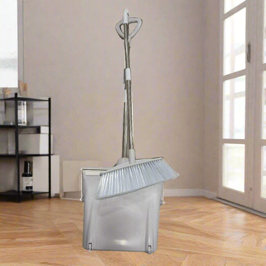 Self-Standing Broom and Dustpan Set – Stainless Steel Handle & Foldable Dustpan