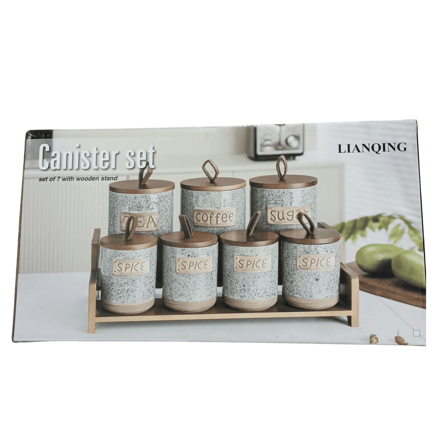 7-Piece Canister Set with Wooden Stand – Tea, Coffee, Sugar, Spice Containers