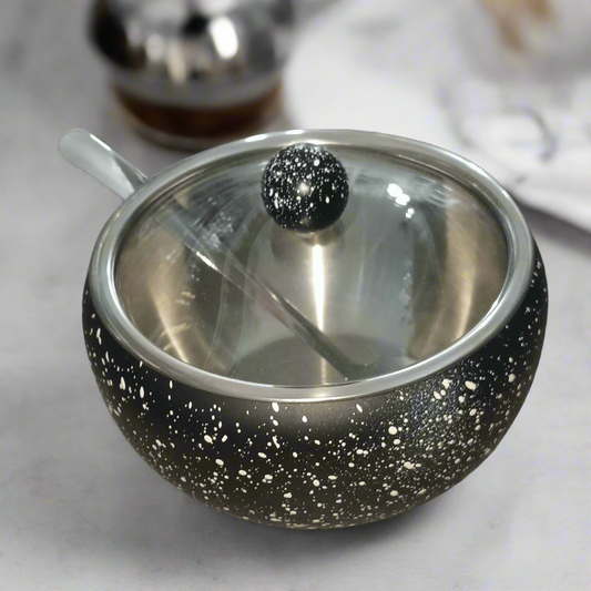 Black and Silver Sugar Bowl with Lid and Spoon – Elegant Storage for Sugar or Spices