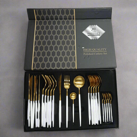 High-Quality Polished Cutlery Set | Elegant Gold & White Design | 24-Piece Set