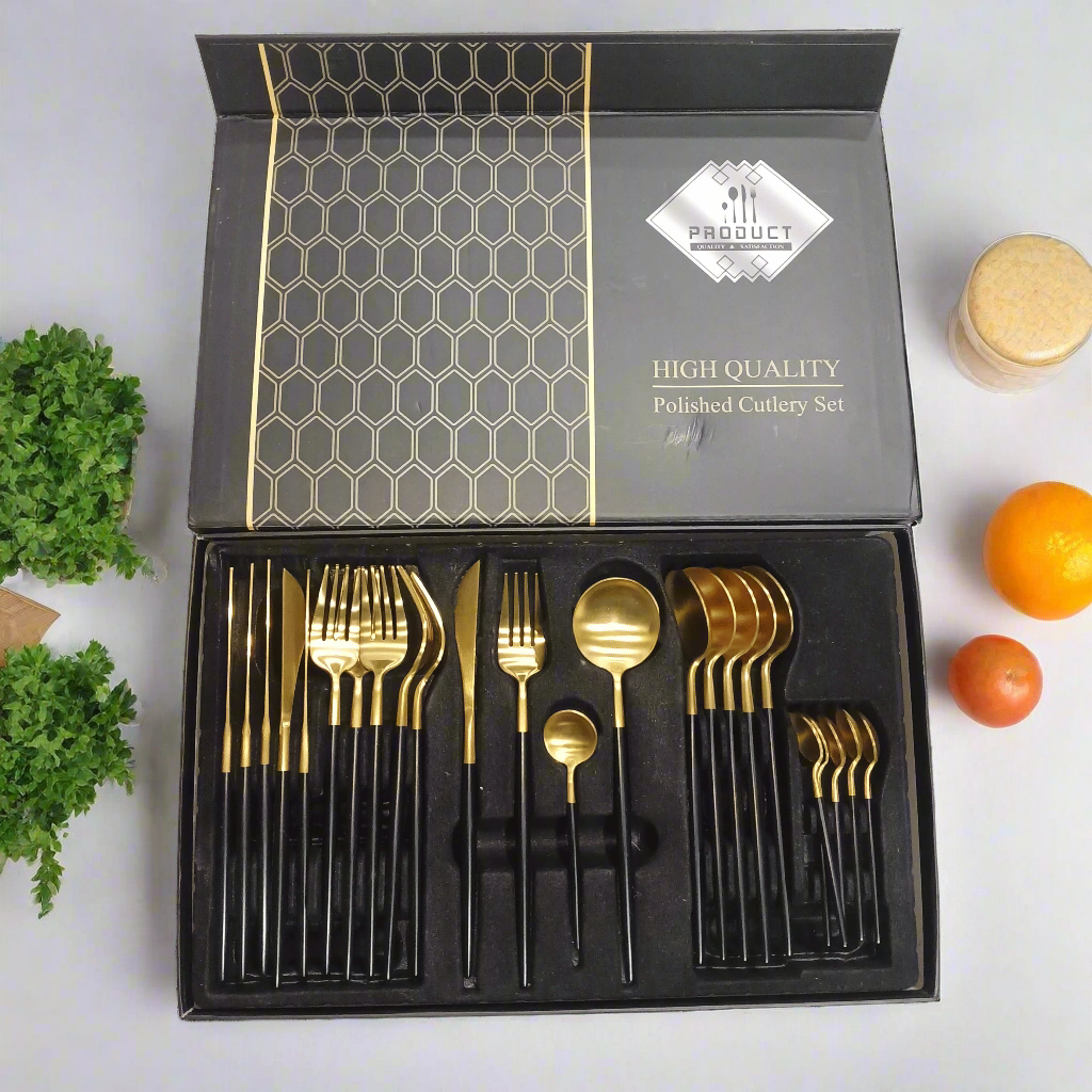 High-Quality Polished Cutlery Set | Elegant Gold & Black Design | 24-Piece Set