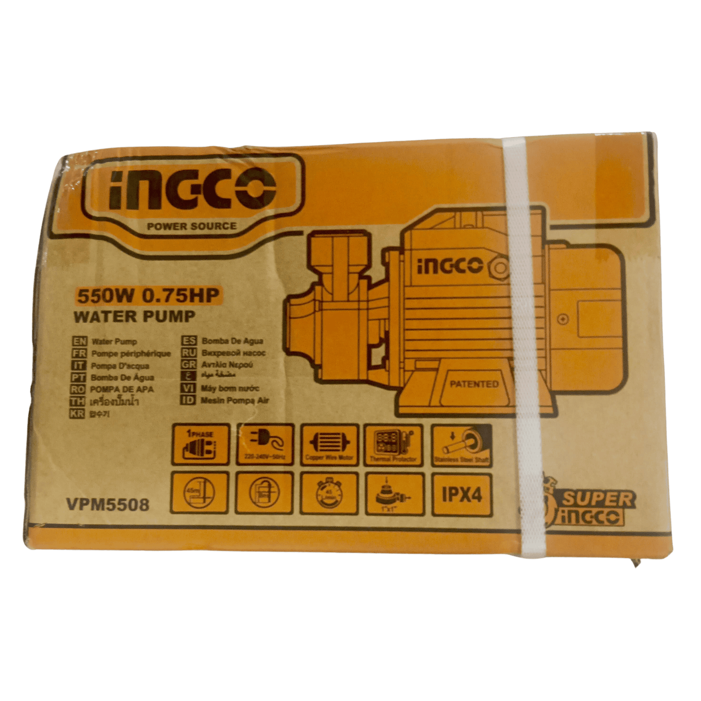 INGCO 550W 0.75HP Water Pump – Copper Wire Motor, Thermal Protection, IPX4 Waterproof