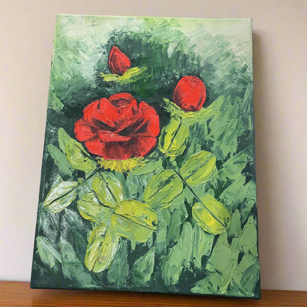 Hand-painted Red Roses with Green Foliage – Original Acrylic Painting on Canvas (30x40 cm)